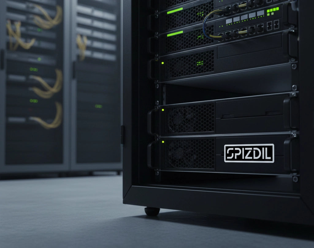 SPIZDIL™ Asset Tag Signature Logo Sticker on a high-performance rack server in a data center — Professional equipment identification decal.