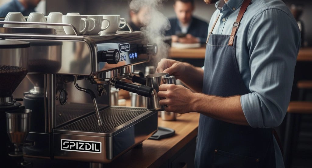 SPIZDIL™ Asset Tag Signature Logo Sticker applied to a professional chrome espresso machine in a cafe setting — High-gloss durable vinyl.