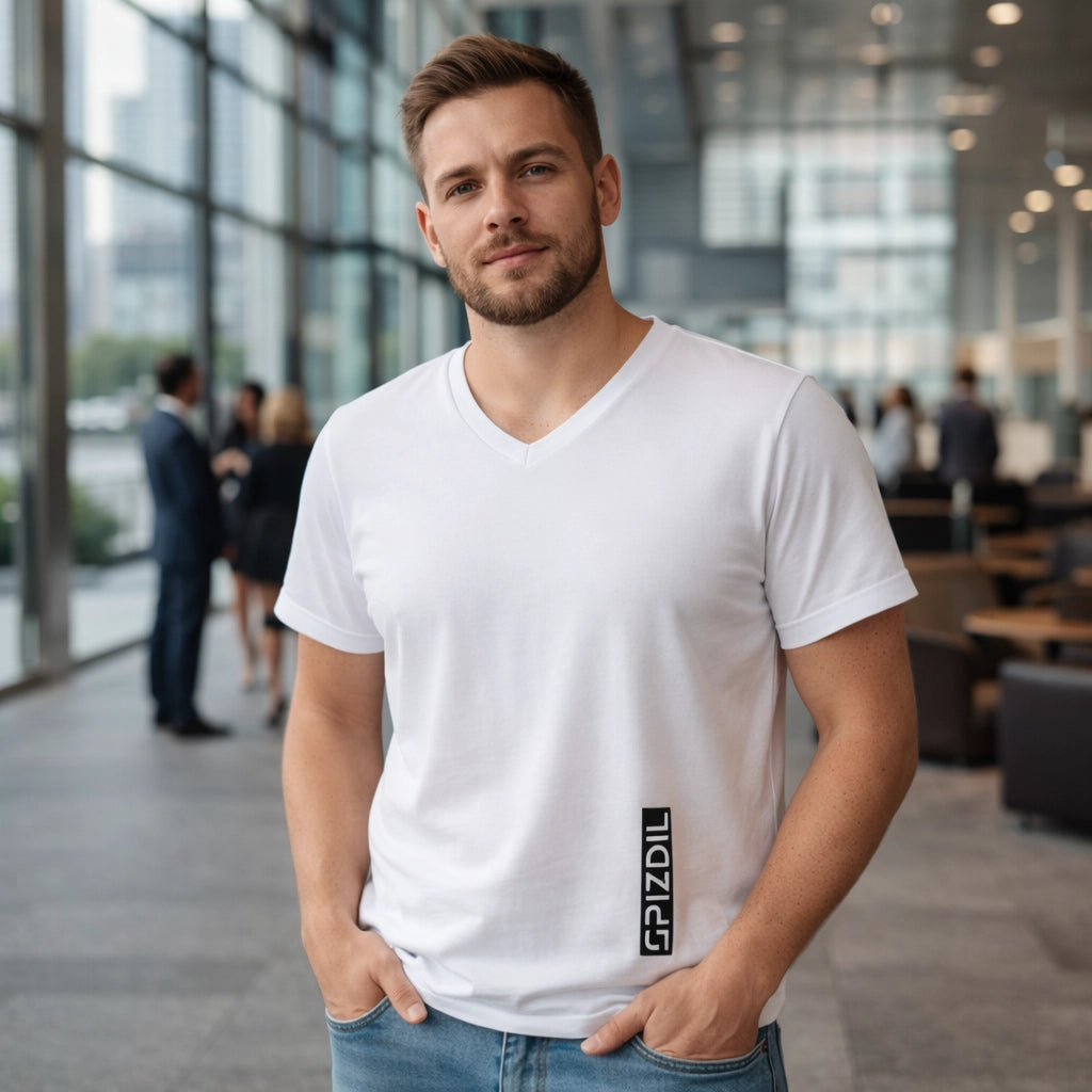 SPIZDIL Superior Men V-Neck T-Shirt in black, architectural retail fit, premium lightweight cotton, minimalist branding