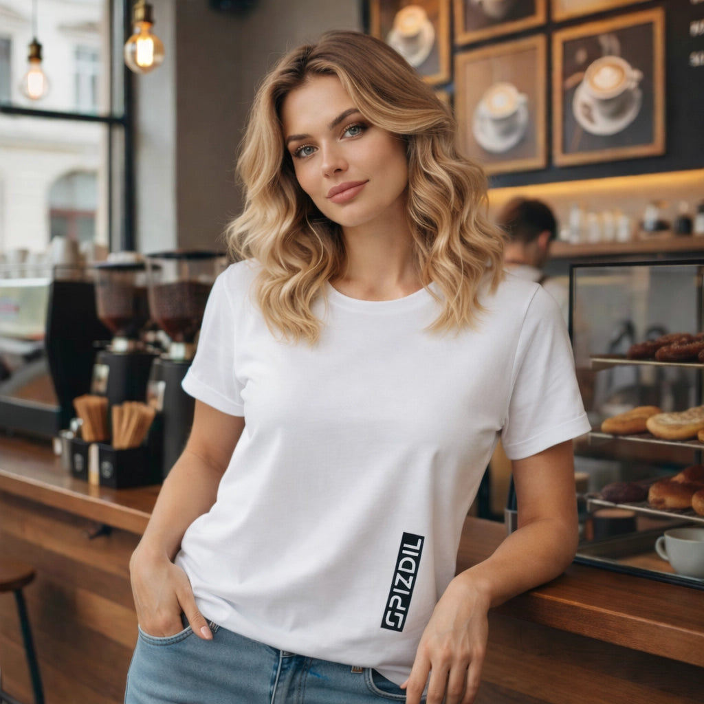 SPIZDIL Superior Women Crew-Neck T-Shirt in white, slim retail fit, premium Airlume cotton, minimalist branding